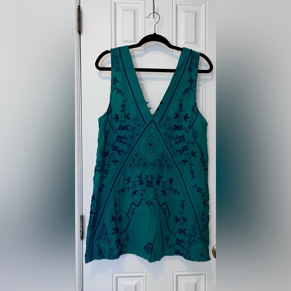 Free People Teal Embroidered V-Neck Sleeveless Dress